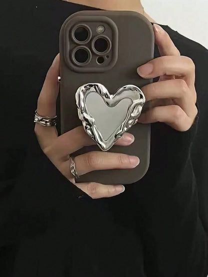 1pc Heart-Shaped Mirror Airbag Phone Stand, Electroplated Shiny Silver Creative Cool Niche High Aesthetic Ins Style, Portable Photo Editing Tool, Comfortable Desktop Stand, Telescopic Push-Pull Design