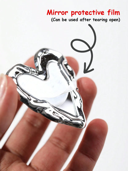 1pc Heart-Shaped Mirror Airbag Phone Stand, Electroplated Shiny Silver Creative Cool Niche High Aesthetic Ins Style, Portable Photo Editing Tool, Comfortable Desktop Stand, Telescopic Push-Pull Design