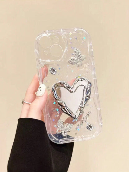 1pc Heart-Shaped Mirror Airbag Phone Stand, Electroplated Shiny Silver Creative Cool Niche High Aesthetic Ins Style, Portable Photo Editing Tool, Comfortable Desktop Stand, Telescopic Push-Pull Design