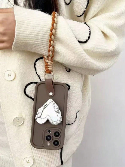 1pc Heart-Shaped Mirror Airbag Phone Stand, Electroplated Shiny Silver Creative Cool Niche High Aesthetic Ins Style, Portable Photo Editing Tool, Comfortable Desktop Stand, Telescopic Push-Pull Design