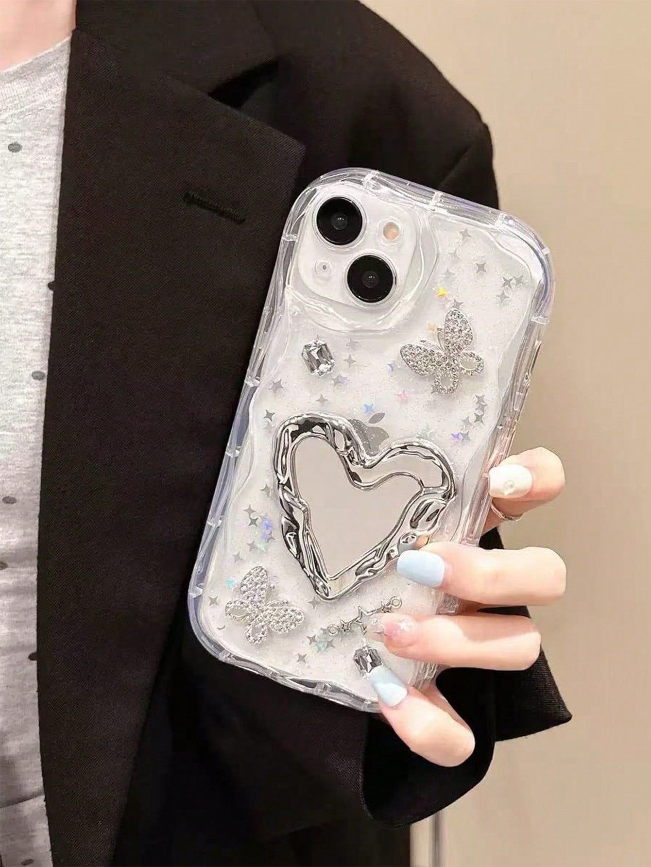 1pc Heart-Shaped Mirror Airbag Phone Stand, Electroplated Shiny Silver Creative Cool Niche High Aesthetic Ins Style, Portable Photo Editing Tool, Comfortable Desktop Stand, Telescopic Push-Pull Design