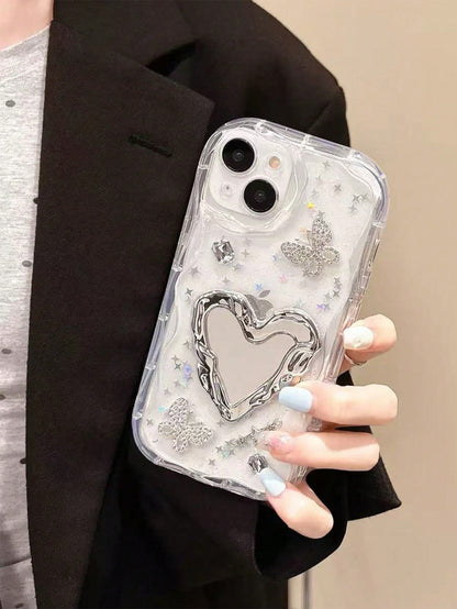 1pc Heart-Shaped Mirror Airbag Phone Stand, Electroplated Shiny Silver Creative Cool Niche High Aesthetic Ins Style, Portable Photo Editing Tool, Comfortable Desktop Stand, Telescopic Push-Pull Design