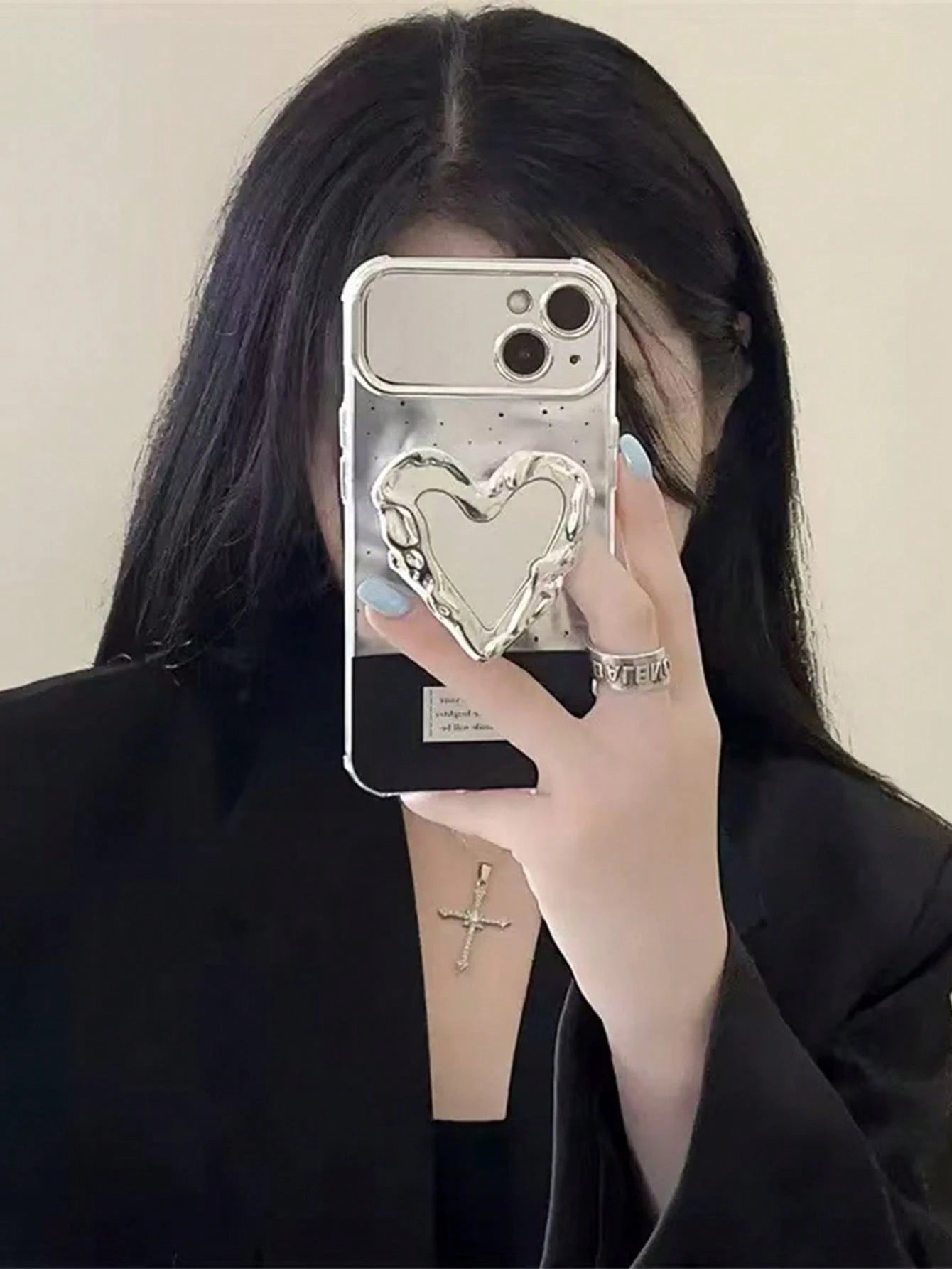 1pc Heart-Shaped Mirror Airbag Phone Stand, Electroplated Shiny Silver Creative Cool Niche High Aesthetic Ins Style, Portable Photo Editing Tool, Comfortable Desktop Stand, Telescopic Push-Pull Design
