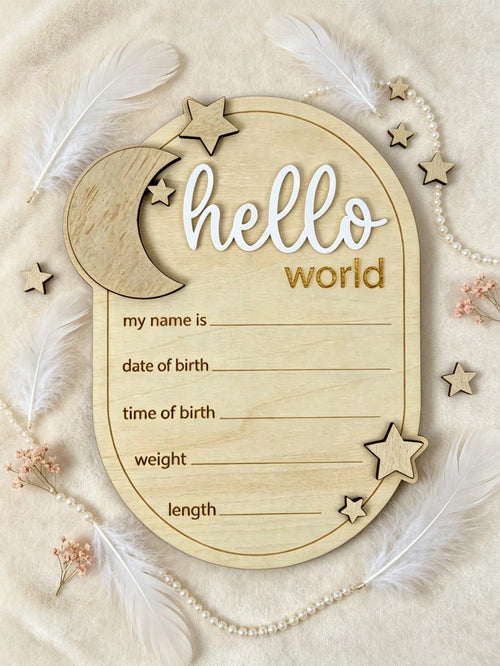 1pc "Hello World" 3D Wooden Kids Announcement Board- Star & Moon Design, Perfect For Baby's First Photo, Milestone Cards, Birthday Gift