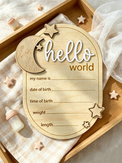 1pc "Hello World" 3D Wooden Kids Announcement Board- Star & Moon Design, Perfect For Baby's First Photo, Milestone Cards, Birthday Gift
