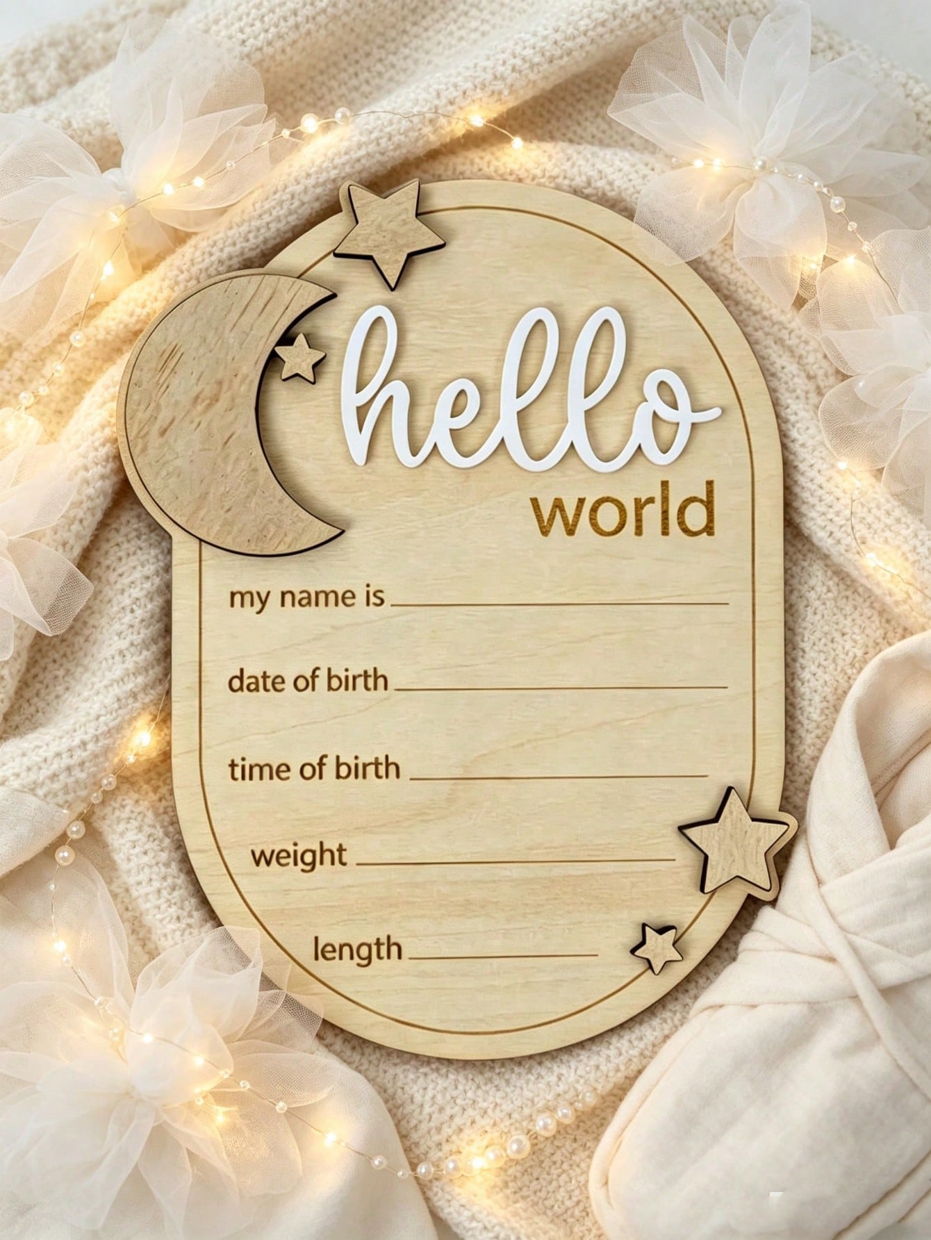 1pc "Hello World" 3D Wooden Kids Announcement Board- Star & Moon Design, Perfect For Baby's First Photo, Milestone Cards, Birthday Gift
