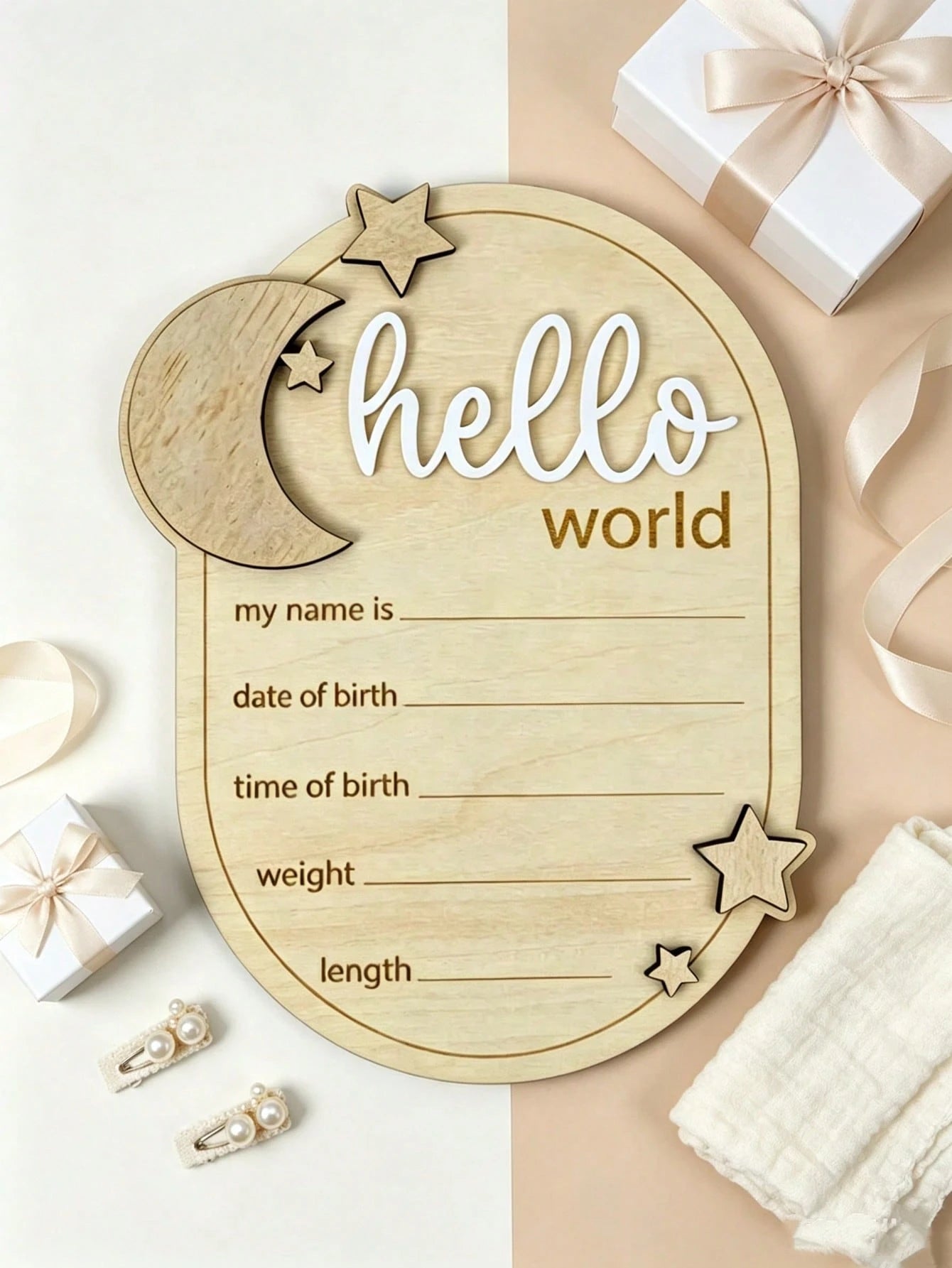 1pc "Hello World" 3D Wooden Kids Announcement Board- Star & Moon Design, Perfect For Baby's First Photo, Milestone Cards, Birthday Gift