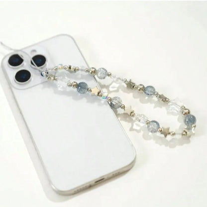1pc Ice Blue Crackle Crystal Beaded Phone Lanyard Silver Metal Star Clear Transparent Glass Bead Detachable Thin String Wrist Strap Decor For Cell Phone CCD Camera Handbag Minimalist Cool Tone Aesthet