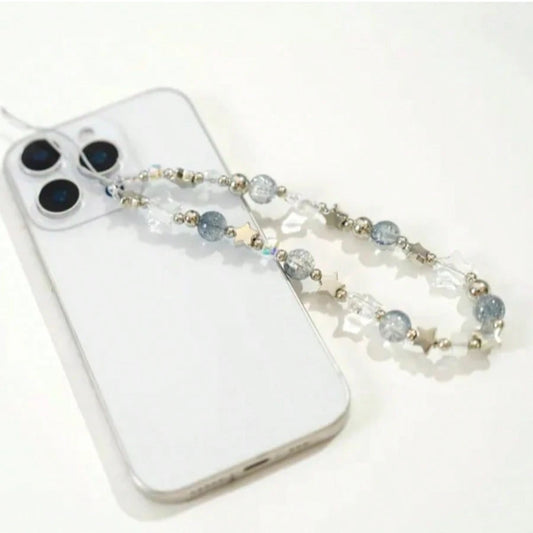 1pc Ice Blue Crackle Crystal Beaded Phone Lanyard Silver Metal Star Clear Transparent Glass Bead Detachable Thin String Wrist Strap Decor For Cell Phone CCD Camera Handbag Minimalist Cool Tone Aesthet