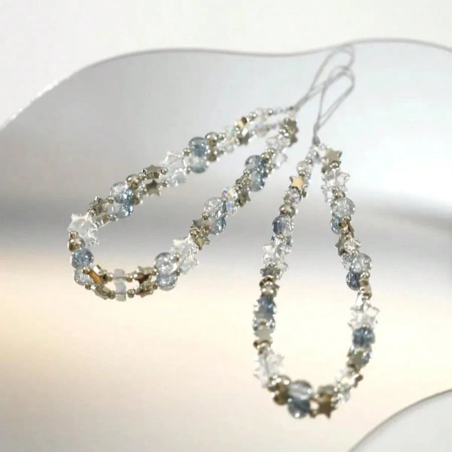 1pc Ice Blue Crackle Crystal Beaded Phone Lanyard Silver Metal Star Clear Transparent Glass Bead Detachable Thin String Wrist Strap Decor For Cell Phone CCD Camera Handbag Minimalist Cool Tone Aesthet