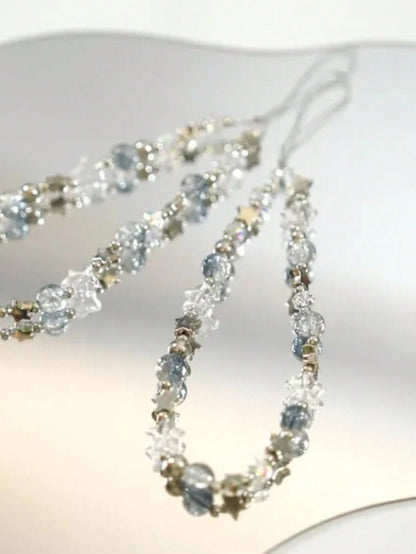 1pc Ice Blue Crackle Crystal Beaded Phone Lanyard Silver Metal Star Clear Transparent Glass Bead Detachable Thin String Wrist Strap Decor For Cell Phone CCD Camera Handbag Minimalist Cool Tone Aesthet