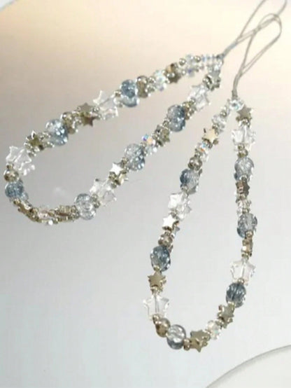 1pc Ice Blue Crackle Crystal Beaded Phone Lanyard Silver Metal Star Clear Transparent Glass Bead Detachable Thin String Wrist Strap Decor For Cell Phone CCD Camera Handbag Minimalist Cool Tone Aesthet