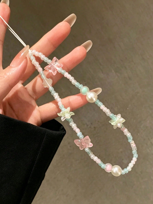 1pc Ins Style Flower & Butterfly Phone Charm, Handmade Beaded Phone Chain, Camera Anti-Loss Lanyard, Travel Bag Decoration, Keychain, Apple Pro Bluetooth Earphone Case Strap, Women's Holiday Gift