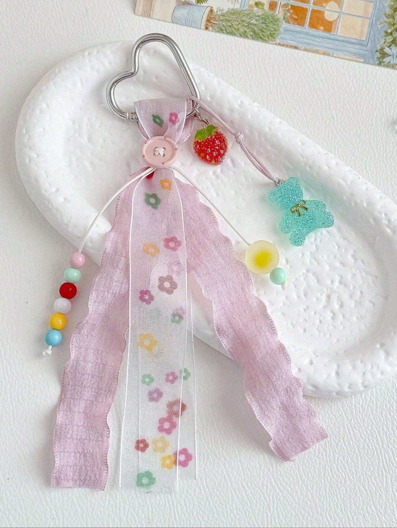 1pc INS Style Lace Bag Charm With Glitter Bear, Strawberry, Colorful Beads And Heart Keyring Pendant, Girls Bag Accessory