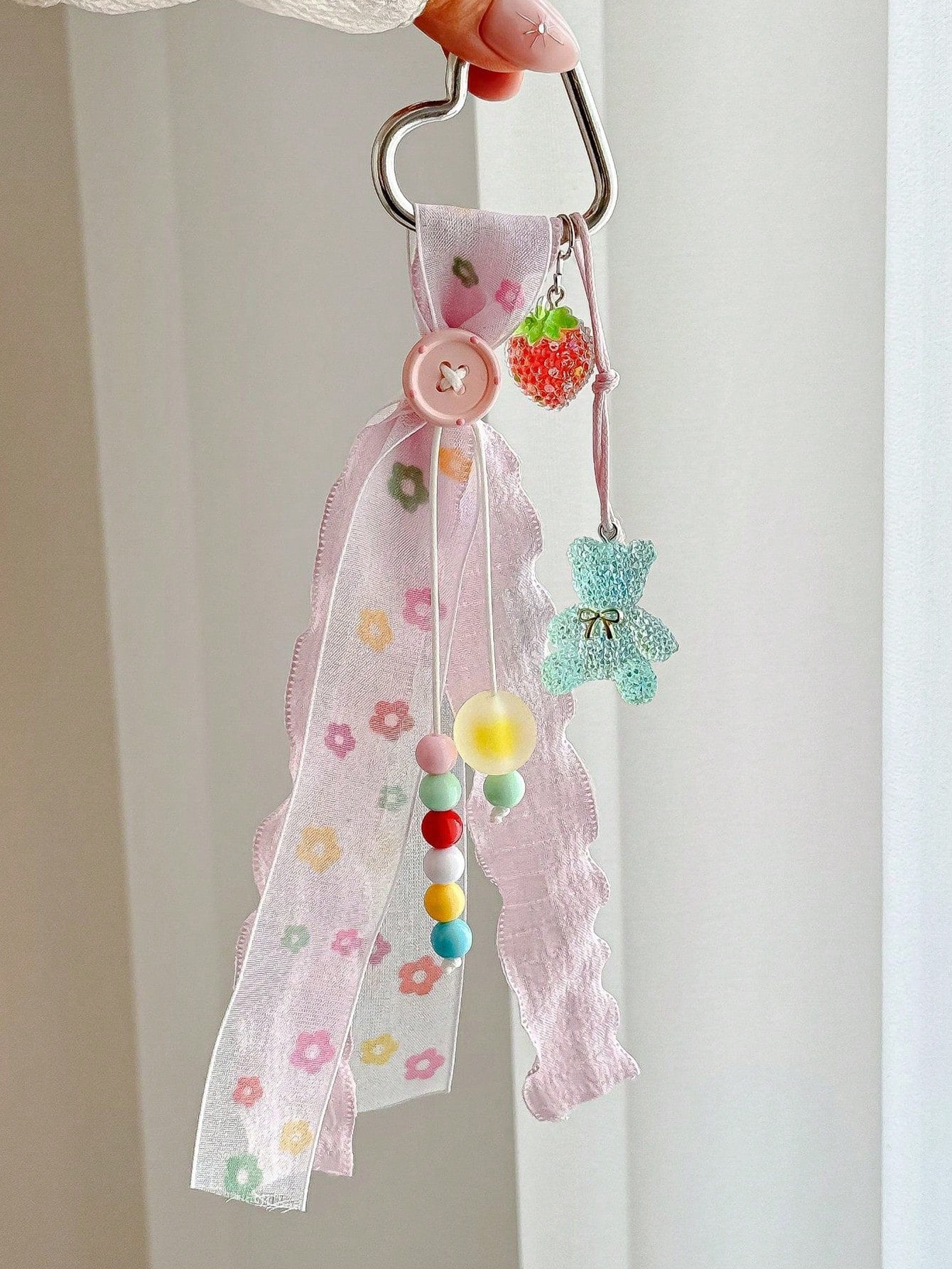 1pc INS Style Lace Bag Charm With Glitter Bear, Strawberry, Colorful Beads And Heart Keyring Pendant, Girls Bag Accessory