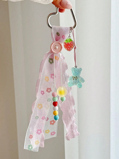 1pc INS Style Lace Bag Charm With Glitter Bear, Strawberry, Colorful Beads And Heart Keyring Pendant, Girls Bag Accessory