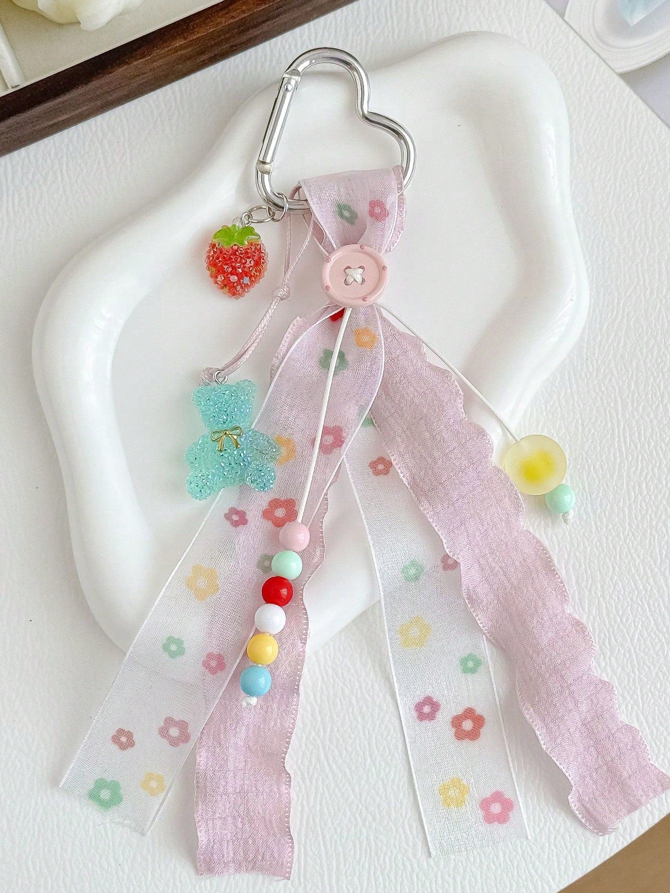 1pc INS Style Lace Bag Charm With Glitter Bear, Strawberry, Colorful Beads And Heart Keyring Pendant, Girls Bag Accessory