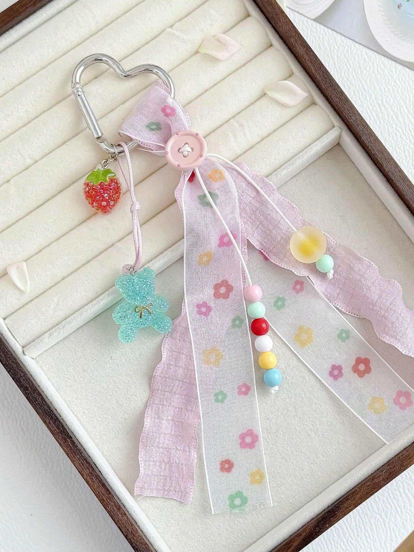 1pc INS Style Lace Bag Charm With Glitter Bear, Strawberry, Colorful Beads And Heart Keyring Pendant, Girls Bag Accessory