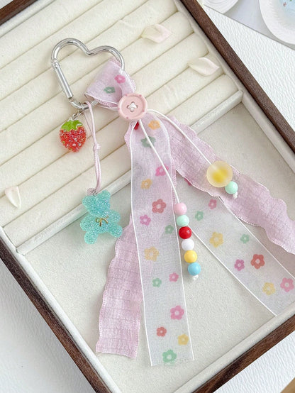 1pc INS Style Lace Bag Charm With Glitter Bear, Strawberry, Colorful Beads And Heart Keyring Pendant, Girls Bag Accessory