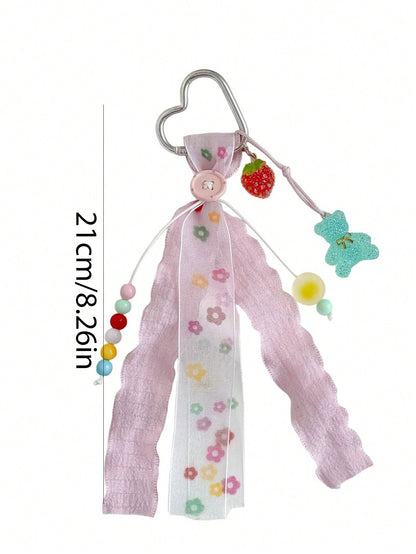 1pc INS Style Lace Bag Charm With Glitter Bear, Strawberry, Colorful Beads And Heart Keyring Pendant, Girls Bag Accessory