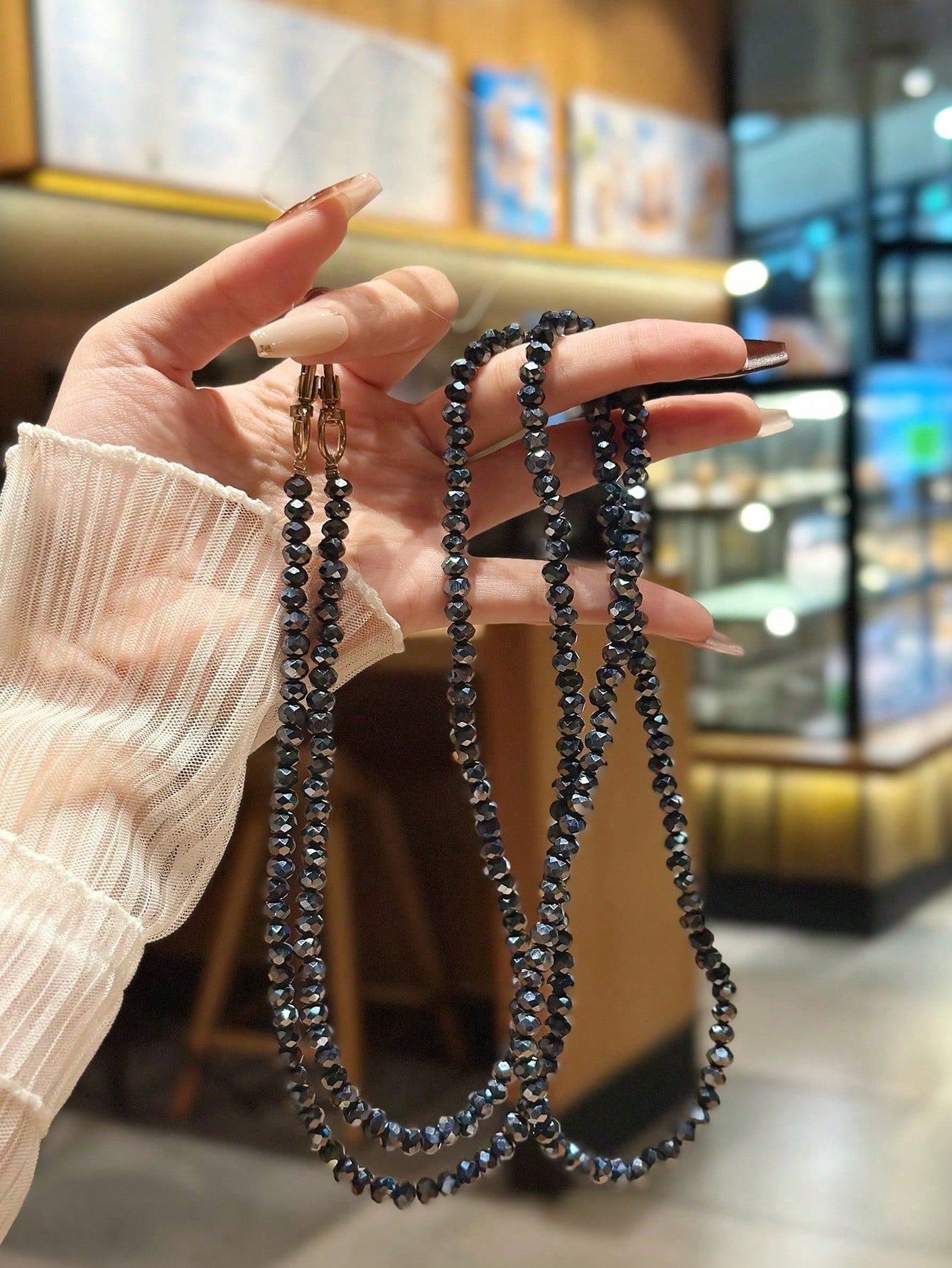 1pc Jade White & Black Orchid Shiny Glass Bead Chain, Suitable For Phone Lanyard, Bracelet, Crossbody Strap, Compatible With Bags