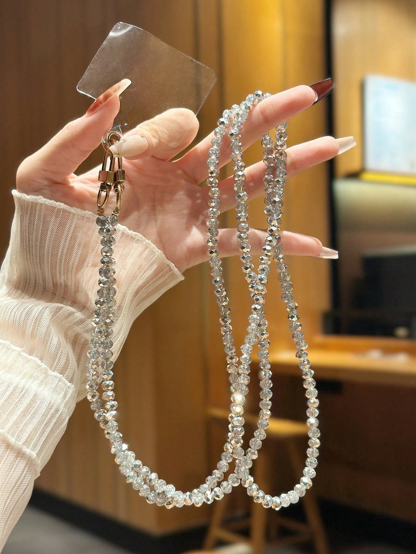 1pc Jade White & Black Orchid Shiny Glass Bead Chain, Suitable For Phone Lanyard, Bracelet, Crossbody Strap, Compatible With Bags