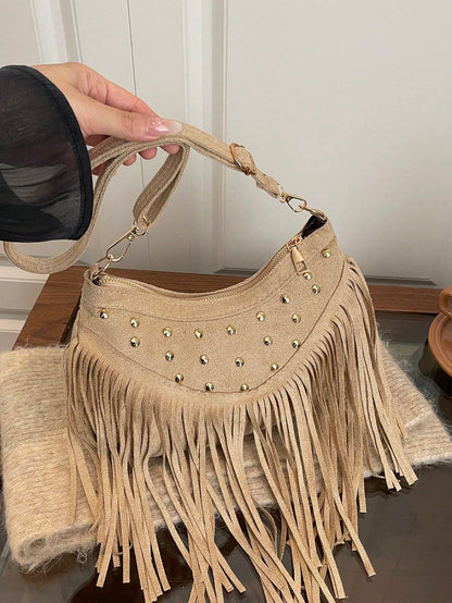 1pc Khaki Suede Fabric Smooth Zipper Rivet Inlaid Tassel Decor Fashion Versatile Casual Solid Color Unique Minimalist Crossbody Bag, Suitable For Women's Daily Use