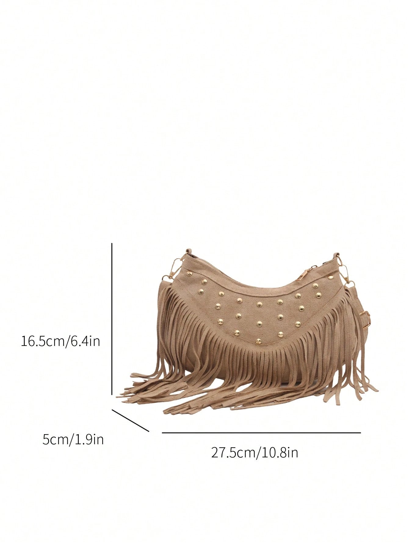 1pc Khaki Suede Fabric Smooth Zipper Rivet Inlaid Tassel Decor Fashion Versatile Casual Solid Color Unique Minimalist Crossbody Bag, Suitable For Women's Daily Use