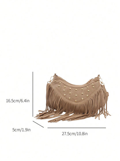 1pc Khaki Suede Fabric Smooth Zipper Rivet Inlaid Tassel Decor Fashion Versatile Casual Solid Color Unique Minimalist Crossbody Bag, Suitable For Women's Daily Use