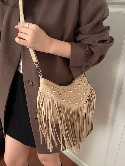 1pc Khaki Suede Fabric Smooth Zipper Rivet Inlaid Tassel Decor Fashion Versatile Casual Solid Color Unique Minimalist Crossbody Bag, Suitable For Women's Daily Use