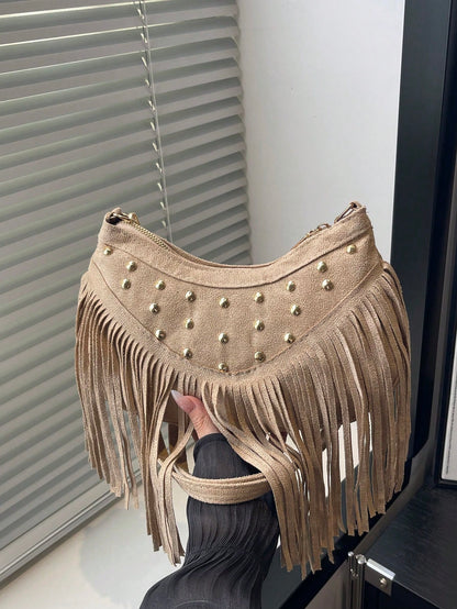 1pc Khaki Suede Fabric Smooth Zipper Rivet Inlaid Tassel Decor Fashion Versatile Casual Solid Color Unique Minimalist Crossbody Bag, Suitable For Women's Daily Use