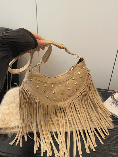 1pc Khaki Suede Fabric Smooth Zipper Rivet Inlaid Tassel Decor Fashion Versatile Casual Solid Color Unique Minimalist Crossbody Bag, Suitable For Women's Daily Use