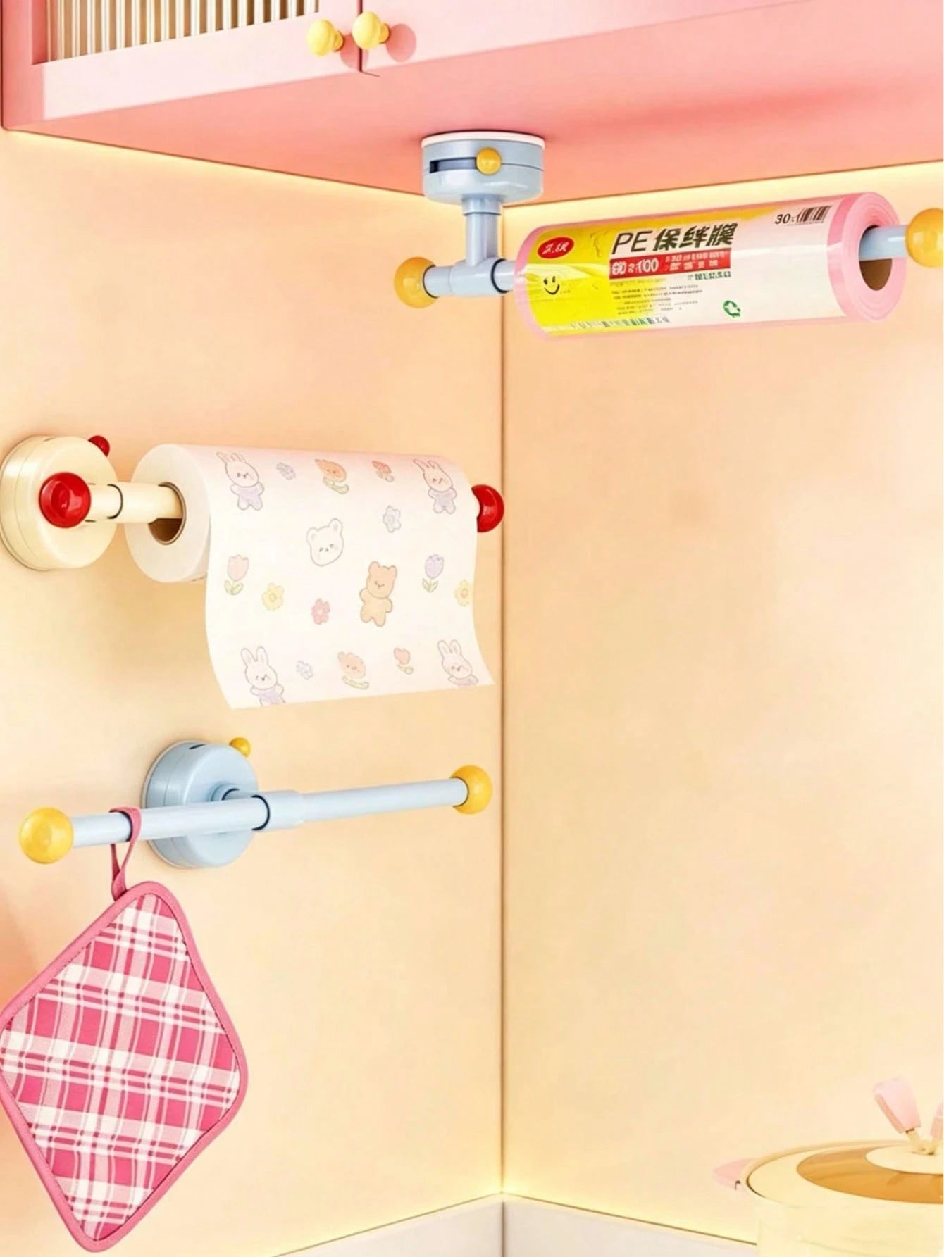1PC Kitchen Paper Towel Holder Cabinet Door Under-Cabinet Hanging Roll Paper Rack Storage Shelf Clip-On Hanging Plastic Wrap Dish Cloth Organizer