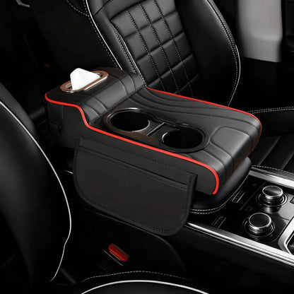 1pc Leather Car Armrest Console Pad, Height-Increasing Armrest, With 2 Cup Holders, Tissue Box And Side Pockets, Practical Storage Design, Suitable For Most Sedans, SUVs And Trucks