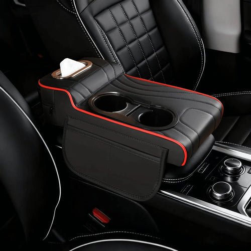 1pc Leather Car Armrest Console Pad, Height-Increasing Armrest, With 2 Cup Holders, Tissue Box And Side Pockets, Practical Storage Design, Suitable For Most Sedans, SUVs And Trucks