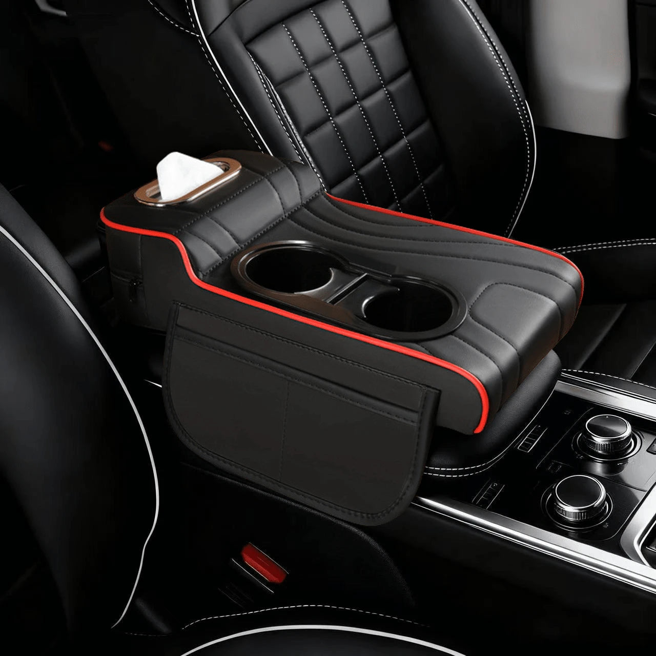 1pc Leather Car Armrest Console Pad, Height-Increasing Armrest, With 2 Cup Holders, Tissue Box And Side Pockets, Practical Storage Design, Suitable For Most Sedans, SUVs And Trucks