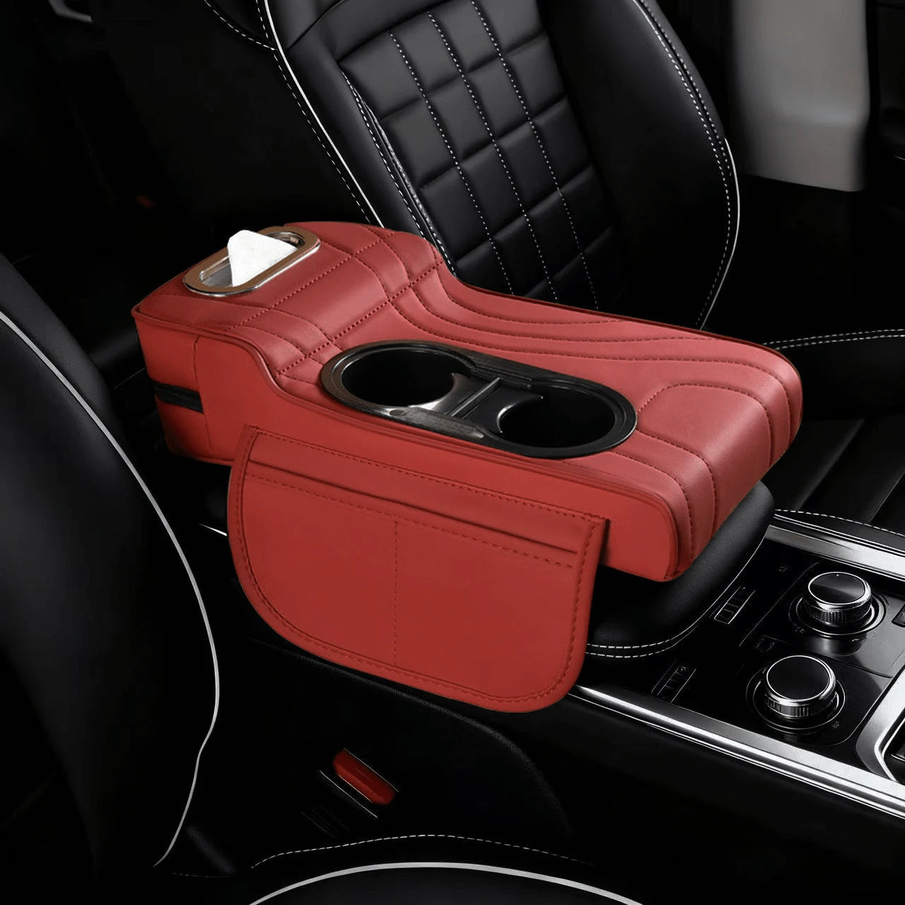 1pc Leather Car Armrest Console Pad, Height-Increasing Armrest, With 2 Cup Holders, Tissue Box And Side Pockets, Practical Storage Design, Suitable For Most Sedans, SUVs And Trucks