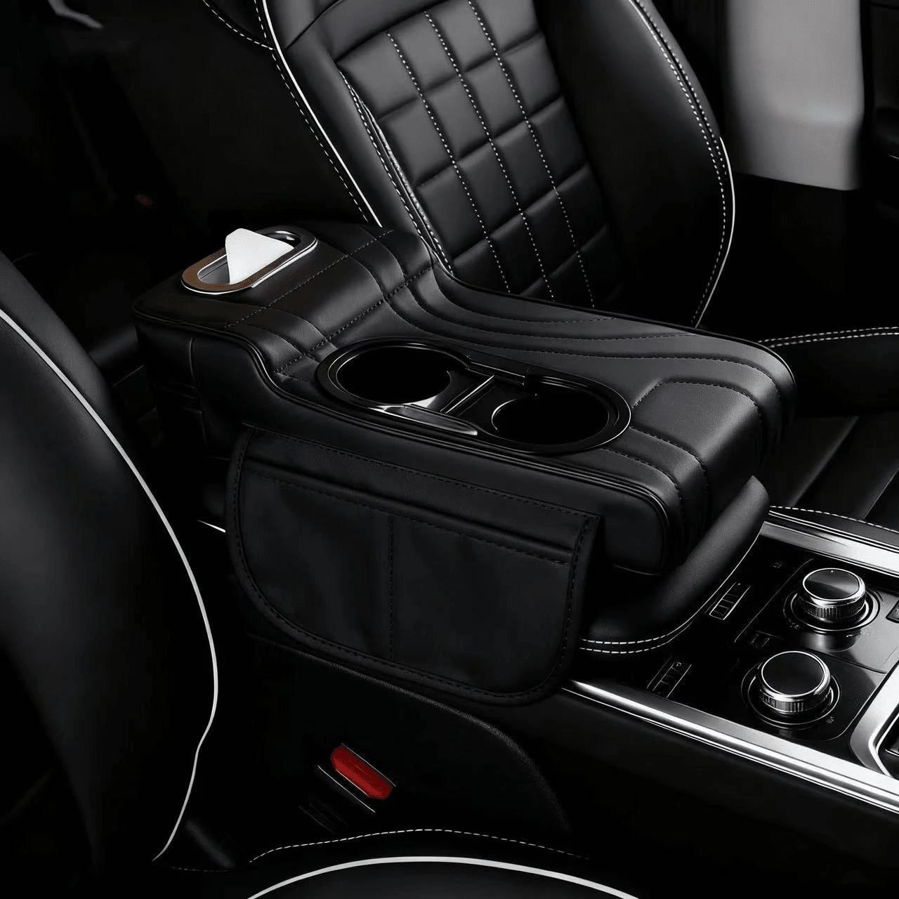 1pc Leather Car Armrest Console Pad, Height-Increasing Armrest, With 2 Cup Holders, Tissue Box And Side Pockets, Practical Storage Design, Suitable For Most Sedans, SUVs And Trucks