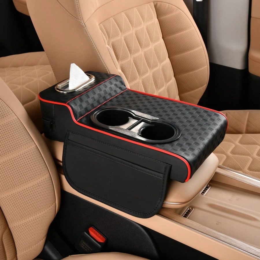 1pc Leather Car Armrest Console Pad, Height-Increasing Armrest, With 2 Cup Holders, Tissue Box And Side Pockets, Practical Storage Design, Suitable For Most Sedans, SUVs And Trucks