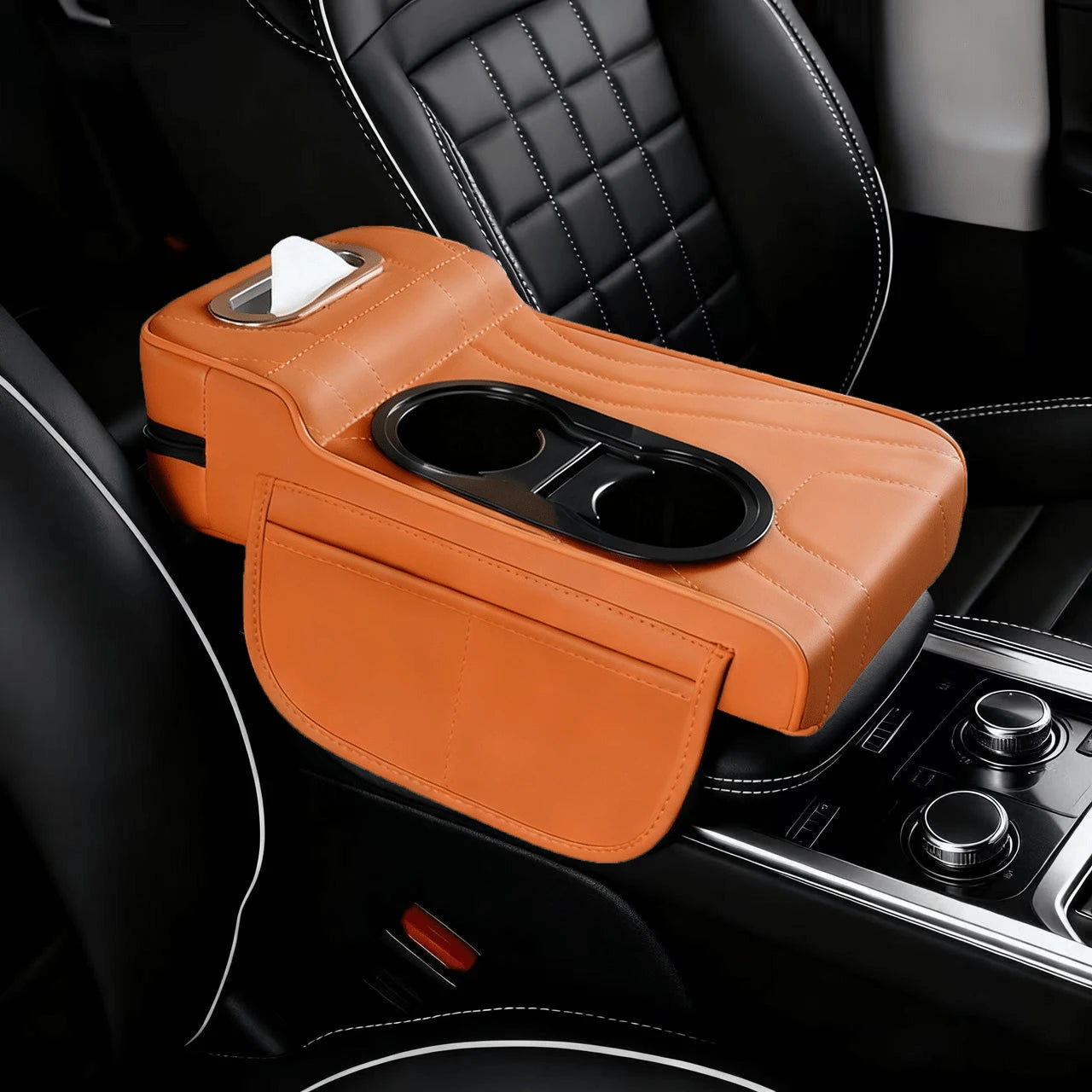 1pc Leather Car Armrest Console Pad, Height-Increasing Armrest, With 2 Cup Holders, Tissue Box And Side Pockets, Practical Storage Design, Suitable For Most Sedans, SUVs And Trucks