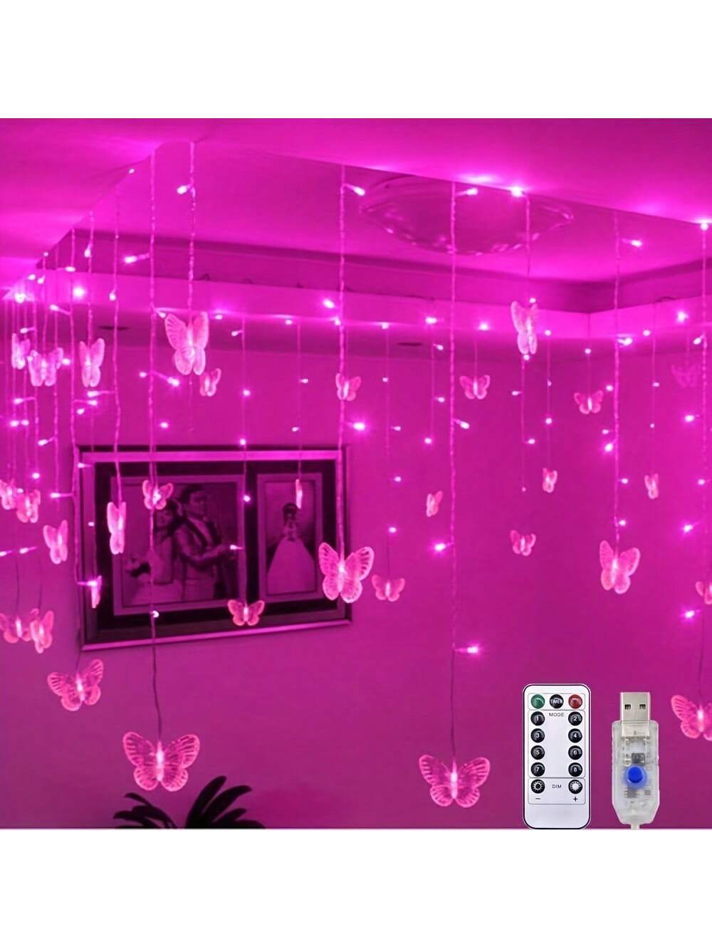 1pc Magic Butterfly LED Curtain Light- 96 LED Beads, 8 Modes, USB Powered, Remote Control, Copper Wire String Lights, Suitable For Nursery, Bedroom, Wedding, Party, Dorm, Patio Decor, Baby Shower, Ho