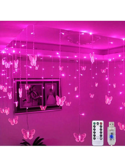 1pc Magic Butterfly LED Curtain Light- 96 LED Beads, 8 Modes, USB Powered, Remote Control, Copper Wire String Lights, Suitable For Nursery, Bedroom, Wedding, Party, Dorm, Patio Decor, Baby Shower, Ho