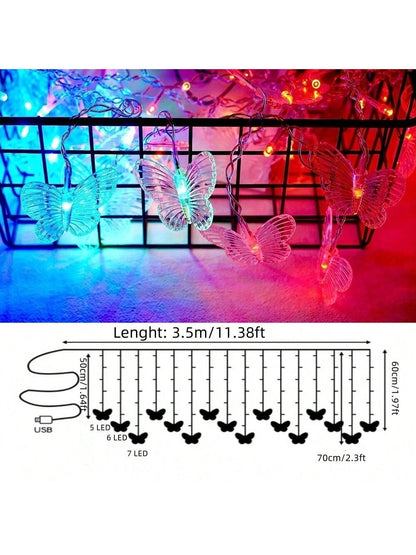 1pc Magic Butterfly LED Curtain Light- 96 LED Beads, 8 Modes, USB Powered, Remote Control, Copper Wire String Lights, Suitable For Nursery, Bedroom, Wedding, Party, Dorm, Patio Decor, Baby Shower, Ho