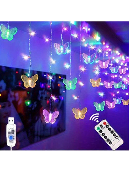 1pc Magic Butterfly LED Curtain Light- 96 LED Beads, 8 Modes, USB Powered, Remote Control, Copper Wire String Lights, Suitable For Nursery, Bedroom, Wedding, Party, Dorm, Patio Decor, Baby Shower, Ho
