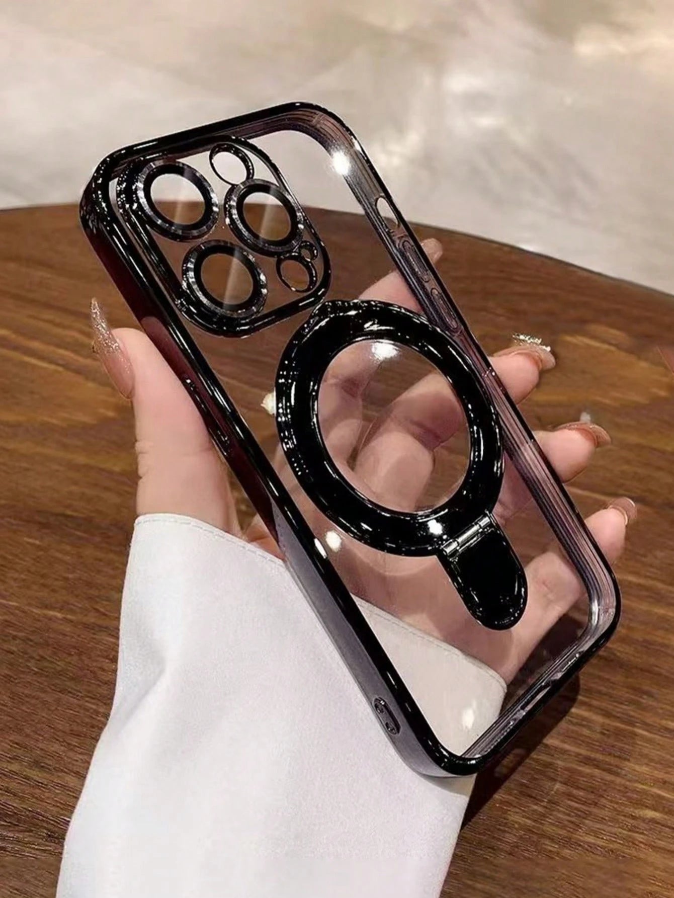 1pc Magnetic Electroplated Transparent Silicone TPU Shockproof Phone Case With Metal Sliding Stand/Shockproof Phone Case, TPU Material, Compatible With IPhone 15 Pro Max/16 Pro Max/16 Pro/11/12/13/14