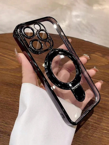 1pc Magnetic Electroplated Transparent Silicone TPU Shockproof Phone Case With Metal Sliding Stand/Shockproof Phone Case, TPU Material, Compatible With IPhone 15 Pro Max/16 Pro Max/16 Pro/11/12/13/14