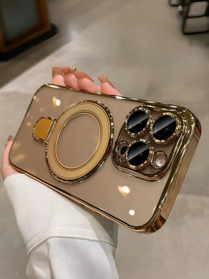 1pc Magnetic Electroplated Transparent Silicone TPU Shockproof Phone Case With Metal Sliding Stand/Shockproof Phone Case, TPU Material, Compatible With IPhone 15 Pro Max/16 Pro Max/16 Pro/11/12/13/14