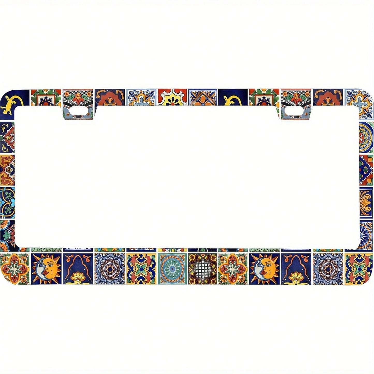 1pc Mexican Tile Mandala Boho Metal License Plate Frame 6.3x12.2in, Sun Moon Floral Mosaic Design With 2 Screws, Sturdy Vehicle Decor,Car Cover,Car Must Haves,Gifts,Car Decor,Car Acessesories>Essentia