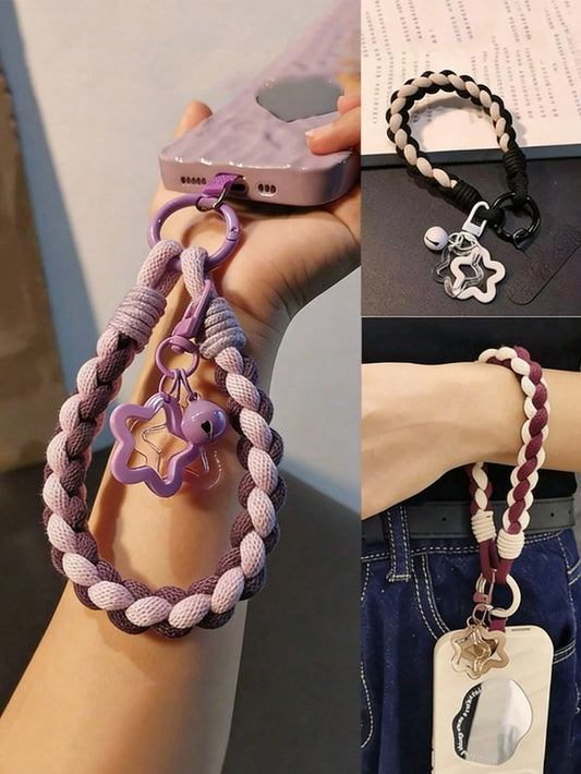 1pc Minimalist Mixed Color Braided Phone Lanyard, Short Burgundy Wrist Strap With Star Pendant, Fashionable Outdoor Keychain Strap