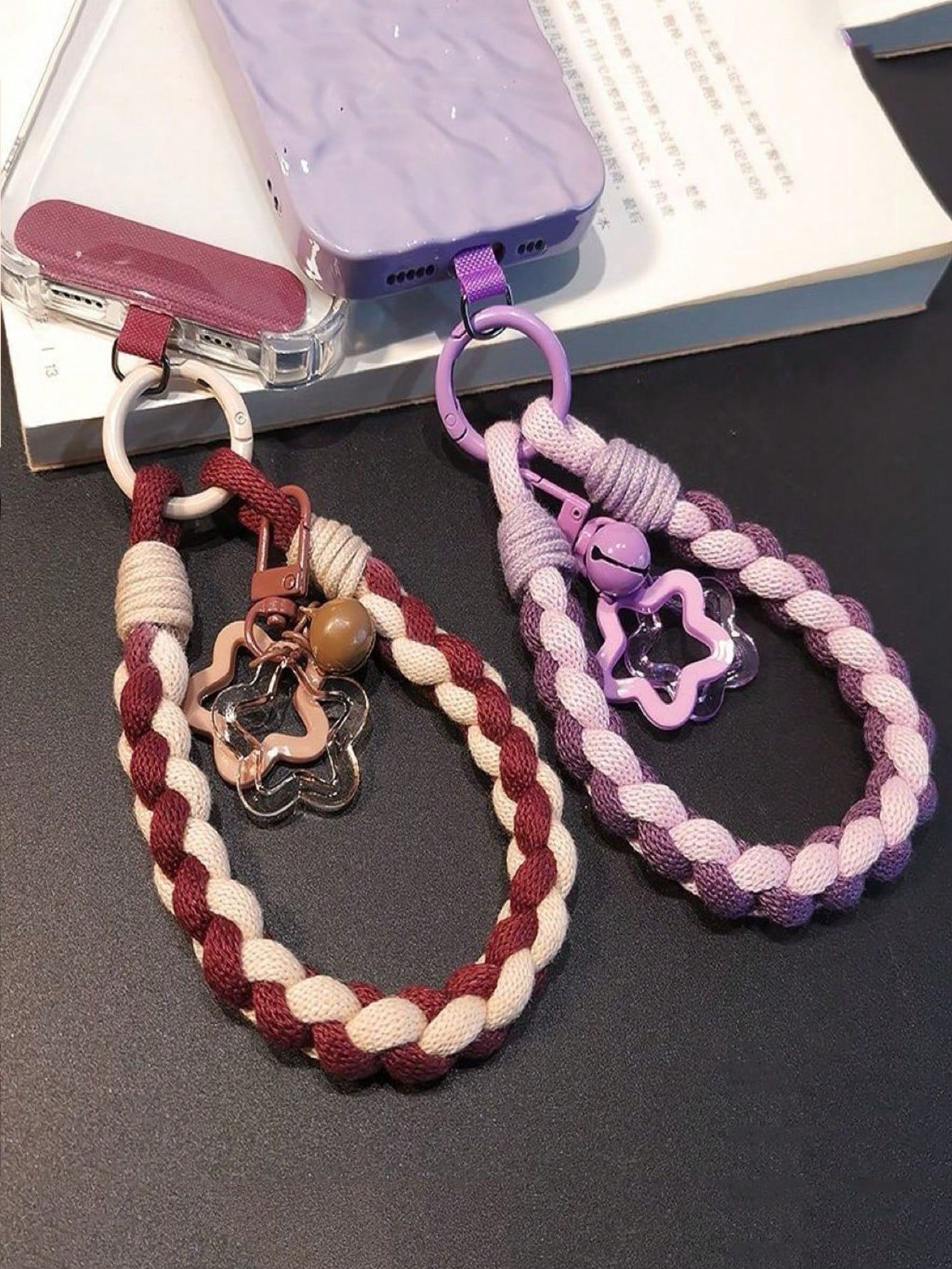 1pc Minimalist Mixed Color Braided Phone Lanyard, Short Burgundy Wrist Strap With Star Pendant, Fashionable Outdoor Keychain Strap